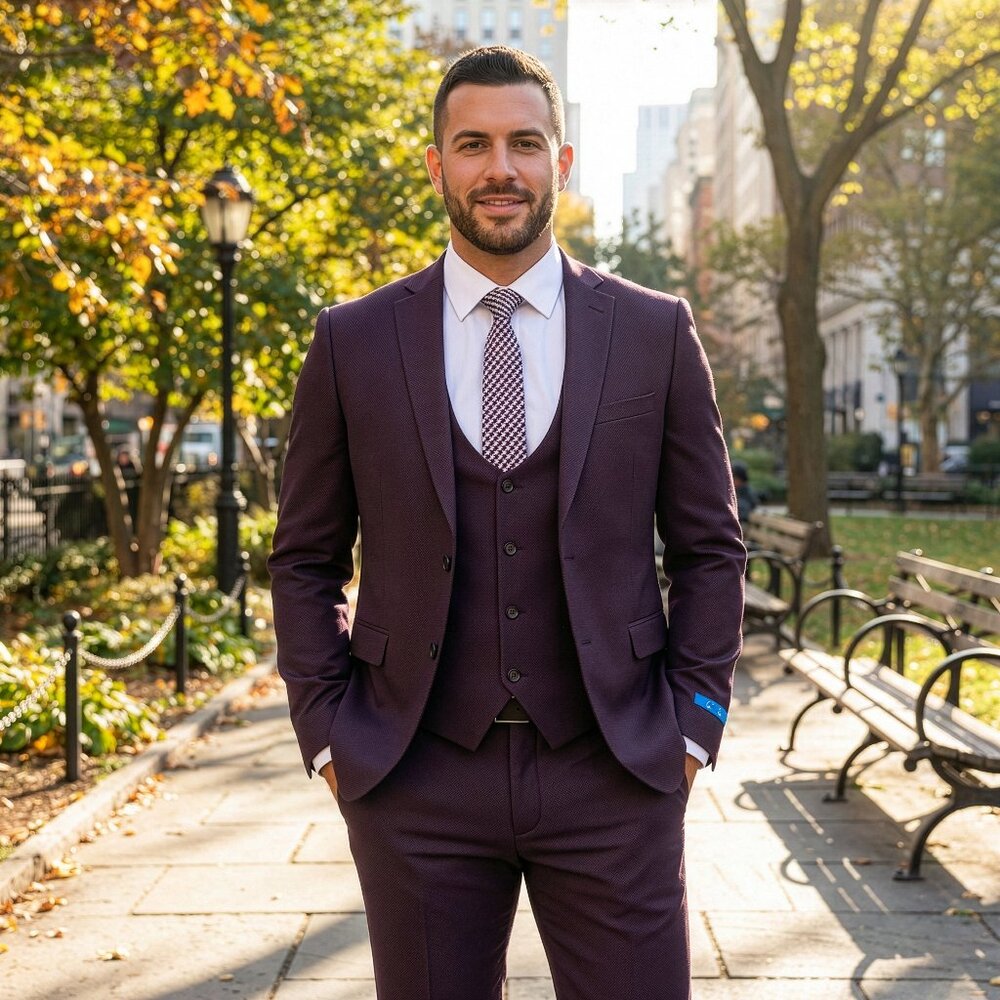 New 2026 Mens 3pc Solid Textured Burgundy Purple Suit Set, Hybrid Fit 2 (H2)